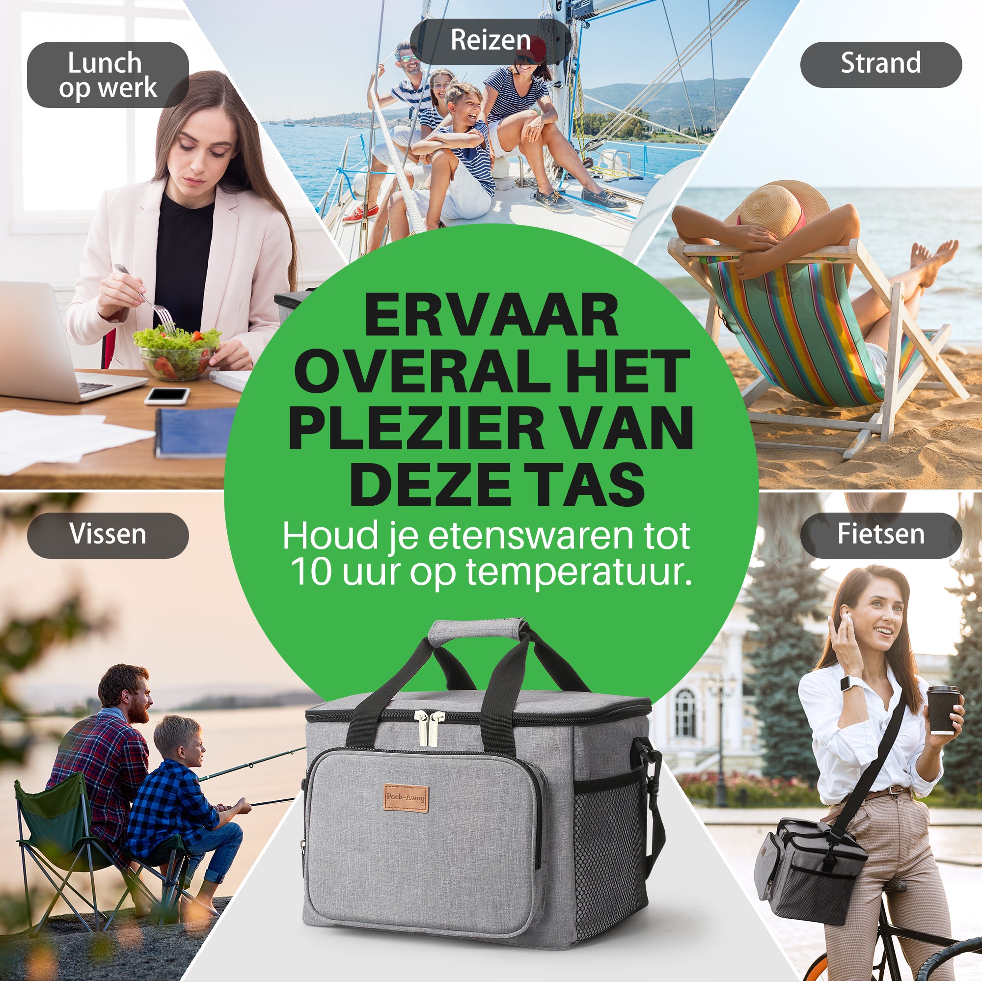 Koeltas 15L grijs - lunchtas - 4-laags geïsoleerd - opvouwbaar - incl. 2 gratis koelelementen en draagband