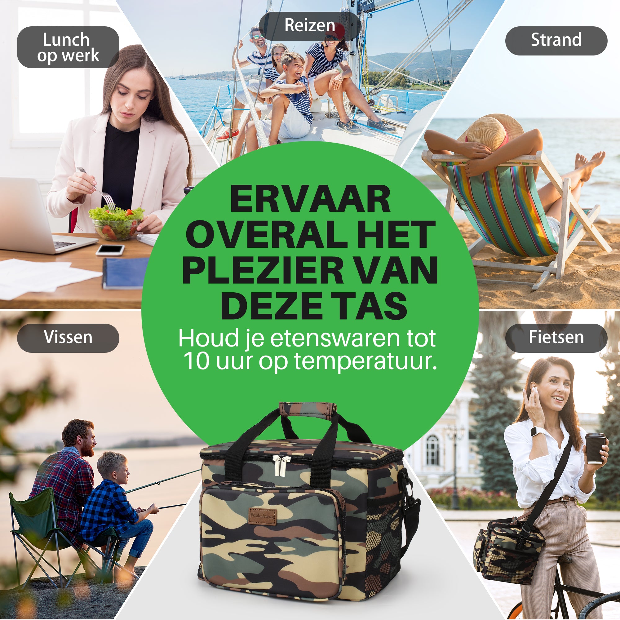 Koeltas 15L camouflage groen - lunchtas - 4-laags geïsoleerd - opvouwbaar - incl. 2 gratis koelelementen en draagband