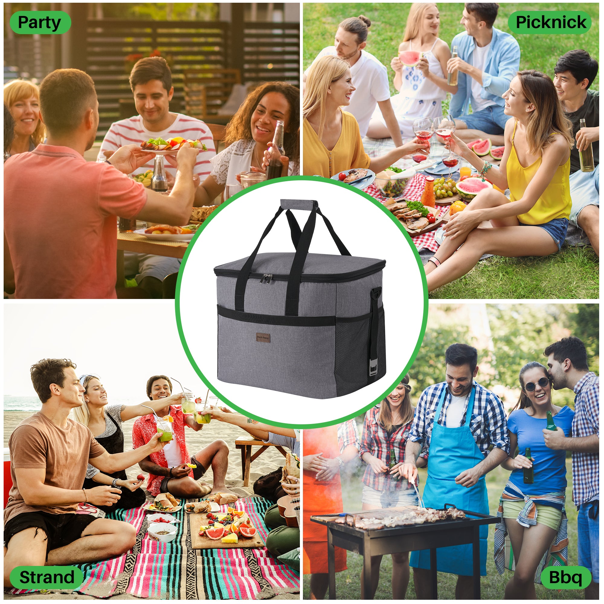 Koeltas 40L grijs - lunchtas - opvouwbaar - 4-laags geïsoleerd - incl. 6 gratis koelelementen en draagband