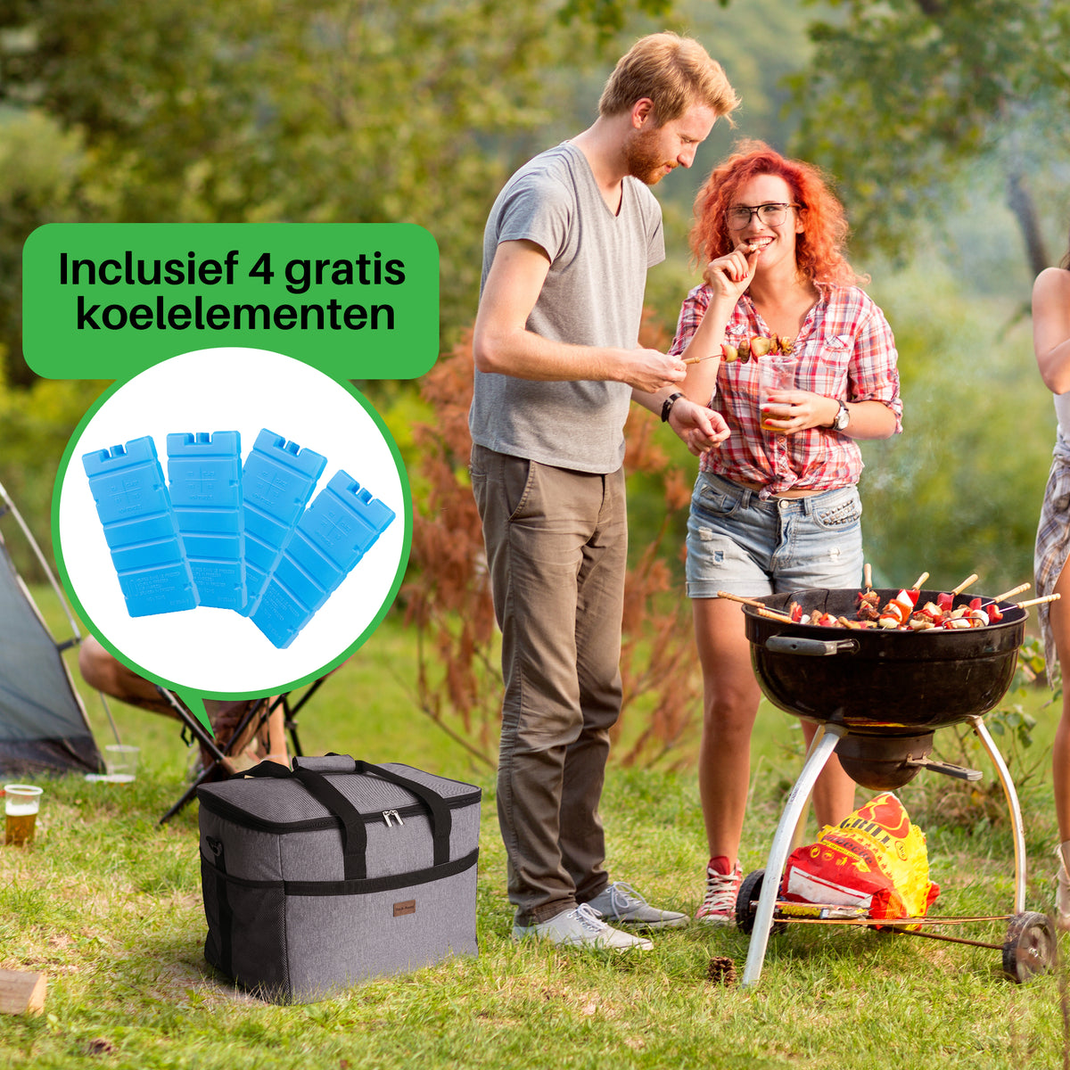 Koeltas 40L grijs - lunchtas - opvouwbaar - 4-laags geïsoleerd - incl. 6 gratis koelelementen en draagband
