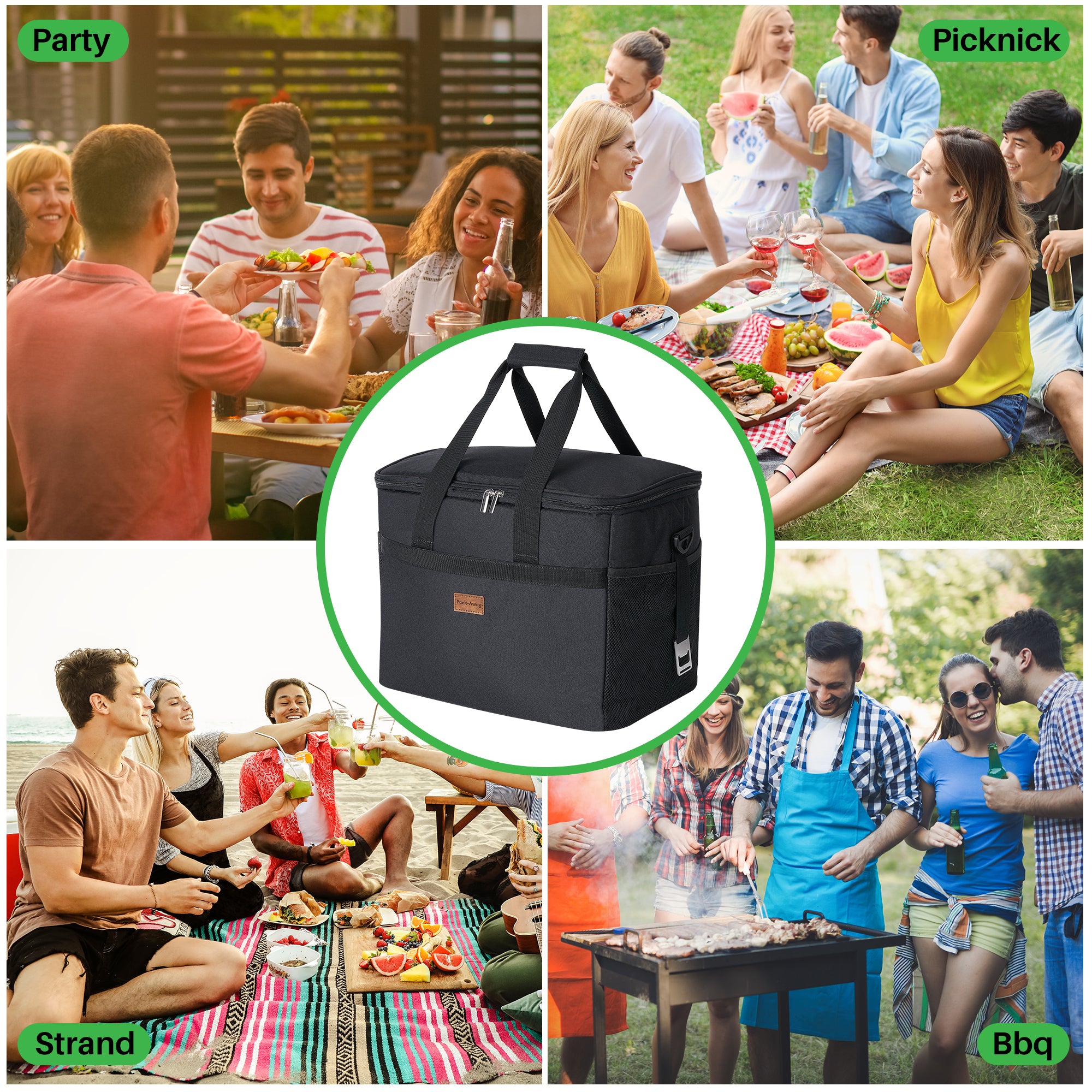 Koeltas 30L zwart - lunchtas - opvouwbaar - 4-laags geïsoleerd - incl. 4 gratis koelelementen en draagband