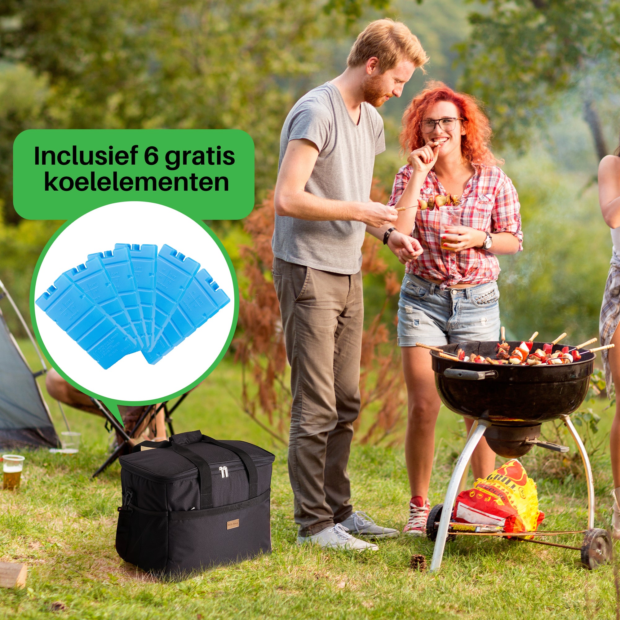 Koeltas 40L zwart - lunchtas - opvouwbaar - 4-laags geïsoleerd - incl. 6 gratis koelelementen en draagband