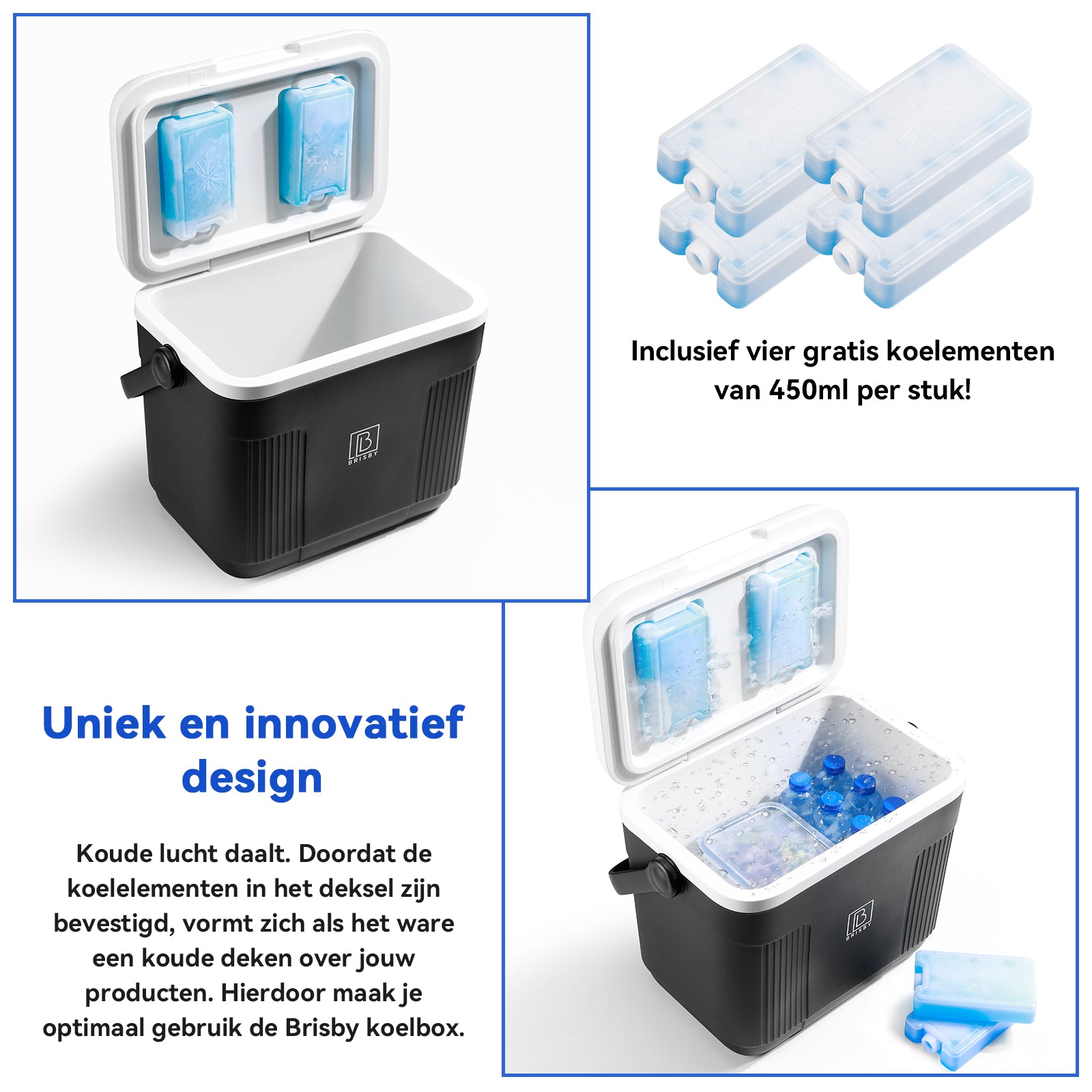 Koelbox 22L zwart - Tot maximaal 40 uur isolatie - incl. 4 450ml koelelementen - temperatuur veilige sluiting - koelelementen vergrendeld in deksel