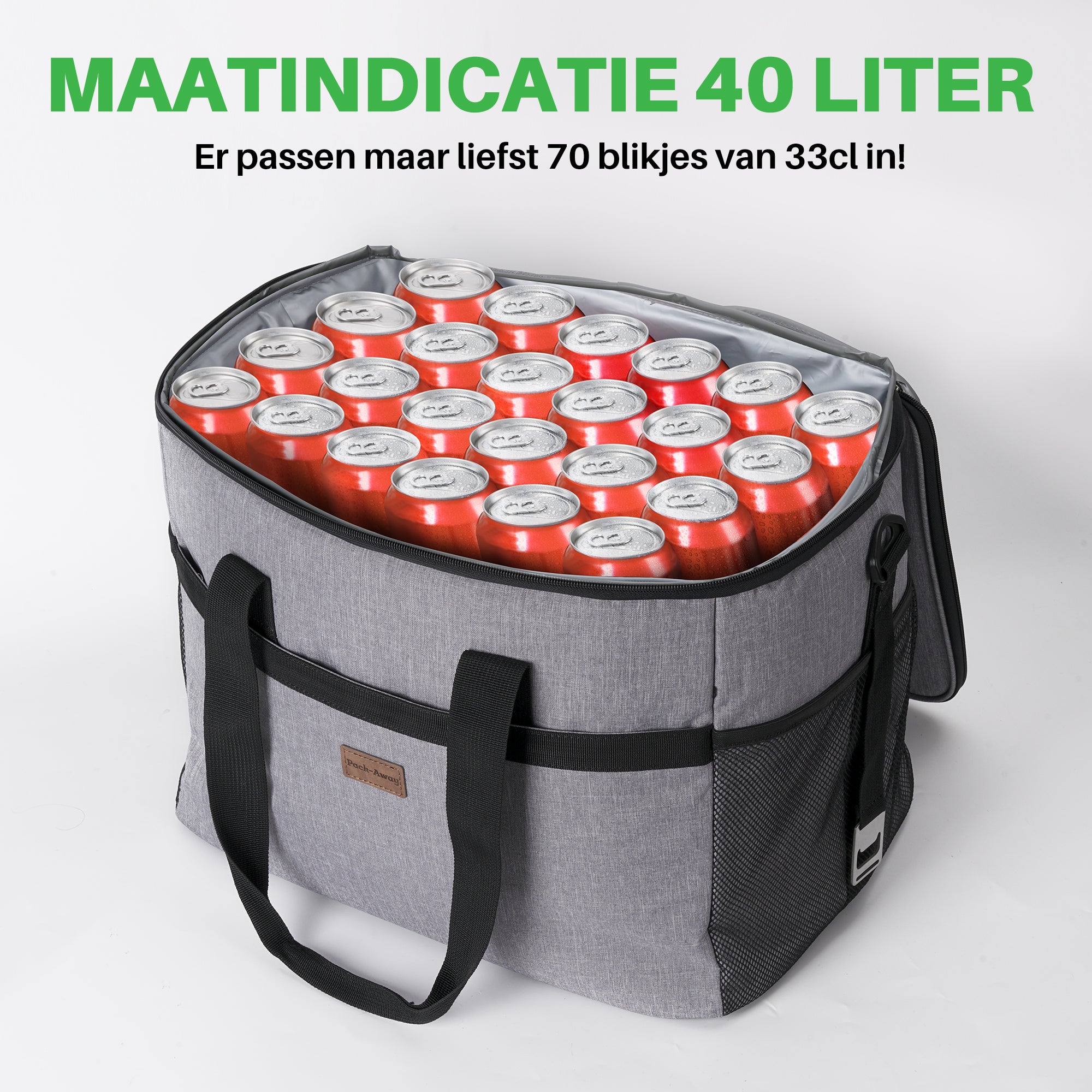 Koeltas 40L grijs - lunchtas - opvouwbaar - 4-laags geïsoleerd - incl. 6 gratis koelelementen en draagband