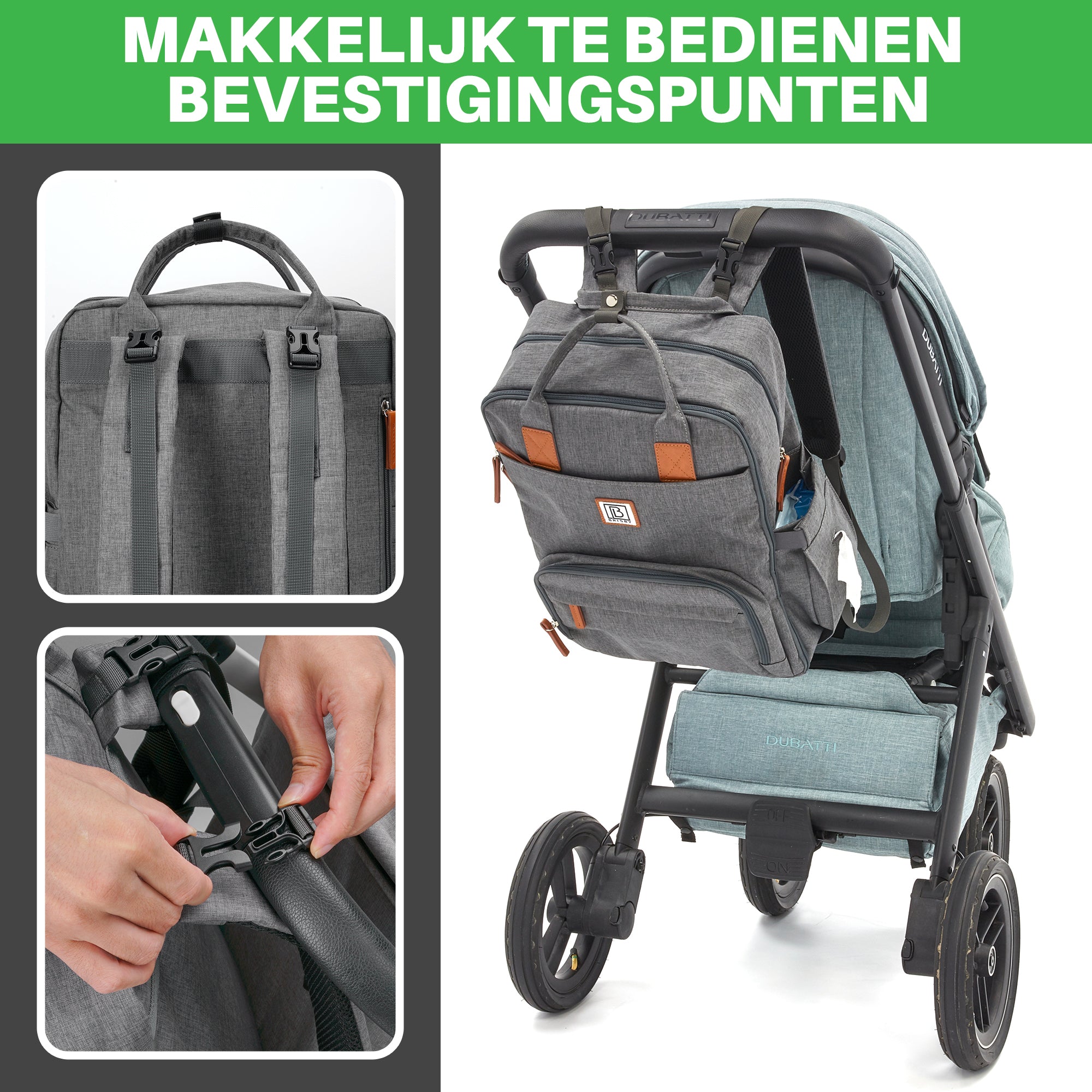 Original slijtvaste luiertas donkergrijs - verzorgingstas - incl. buggymontage en verschoningsmat